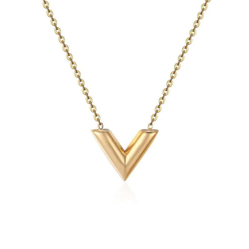 طقم مجوهرات مكون من قلادة وأقراط وسوار على شكل حرف V من الفولاذ المقاوم للصدأ بتصميم بسيط للنساء، قلادة على شكل حرف V، هدية للحفلات